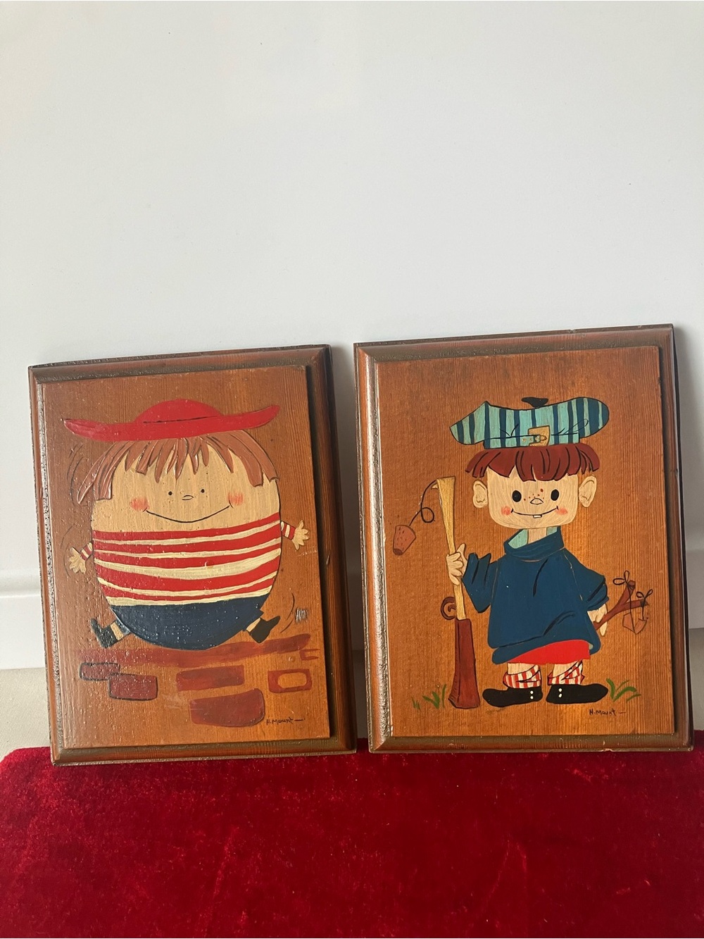 H Mount Vintage 70s Signed Original Folk Art On Wood Paintings 2 Pair Child.